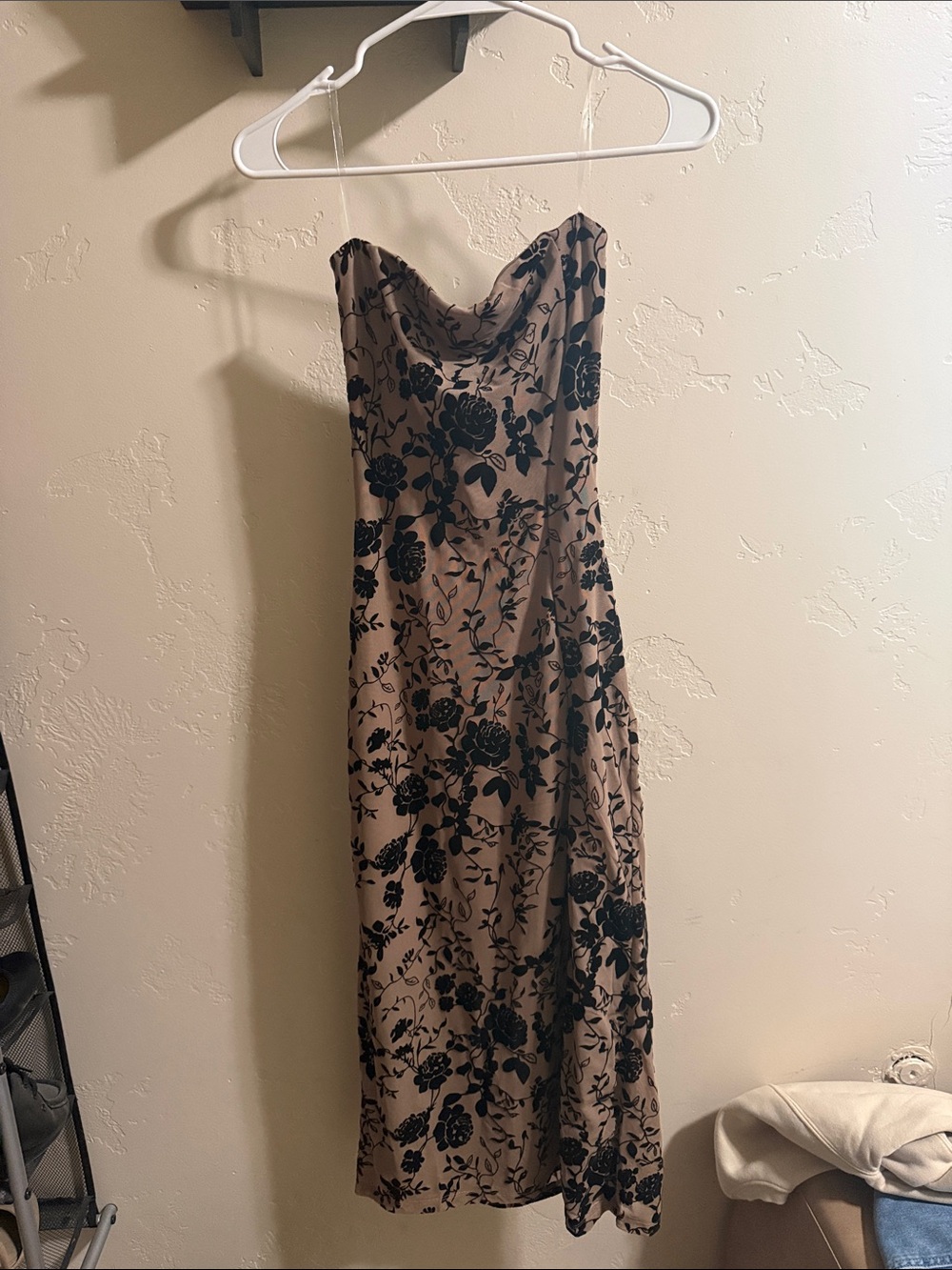 Windsor Taupe Strapless Dress with Black Floral Print